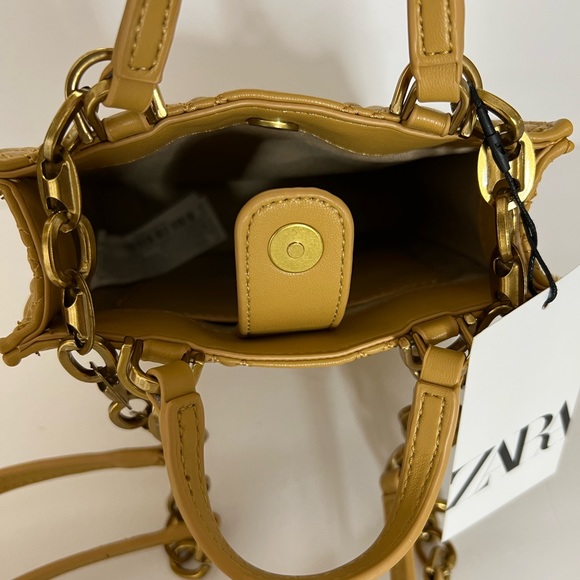 Zara Womens Shoulder Bag Quilt Mustard Yellow Mini Tote Crossbody Bag Purse New - Picture 6 of 15